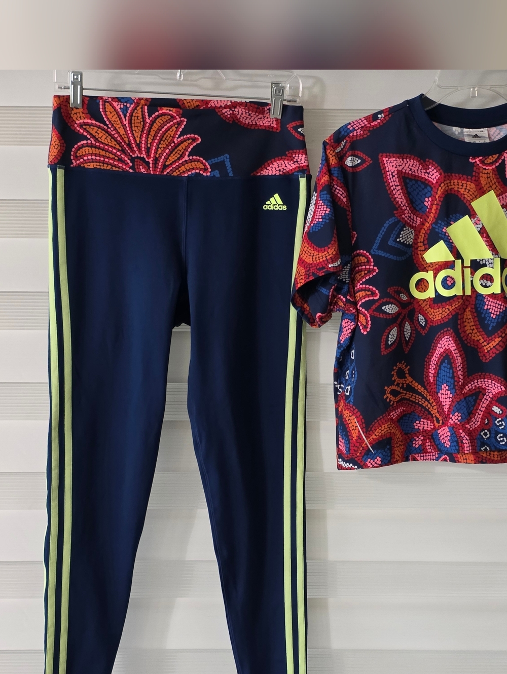 adidas Navy Floral Crop Tee and Navy Leggings with Neon Yellow Stripes